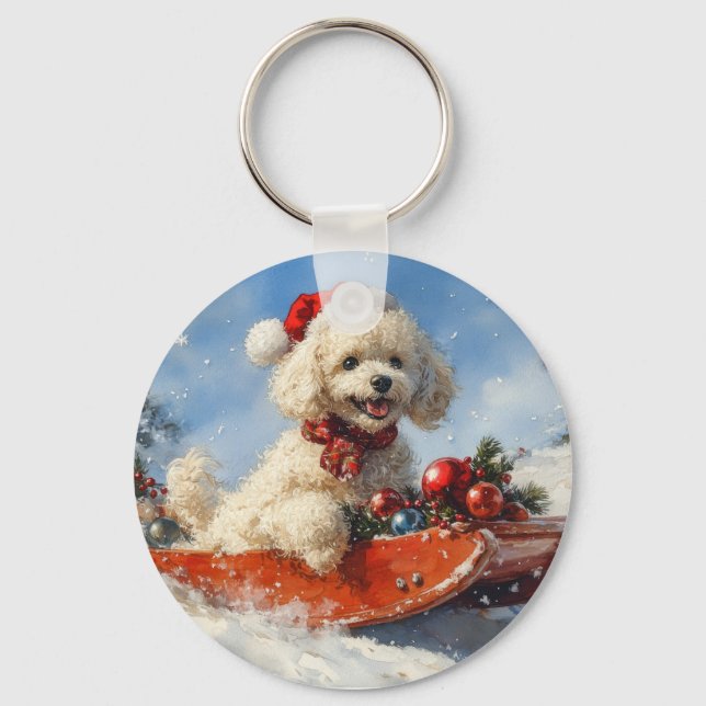 Poodle Dog in Sledge Let it Snow Christmas Keychain (Front)