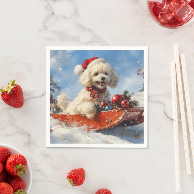 Poodle Dog in Sledge Let it Snow Christmas Napkins (Insitu)