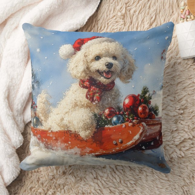 Poodle Dog in Sledge Let it Snow Christmas Throw Pillow (Blanket)
