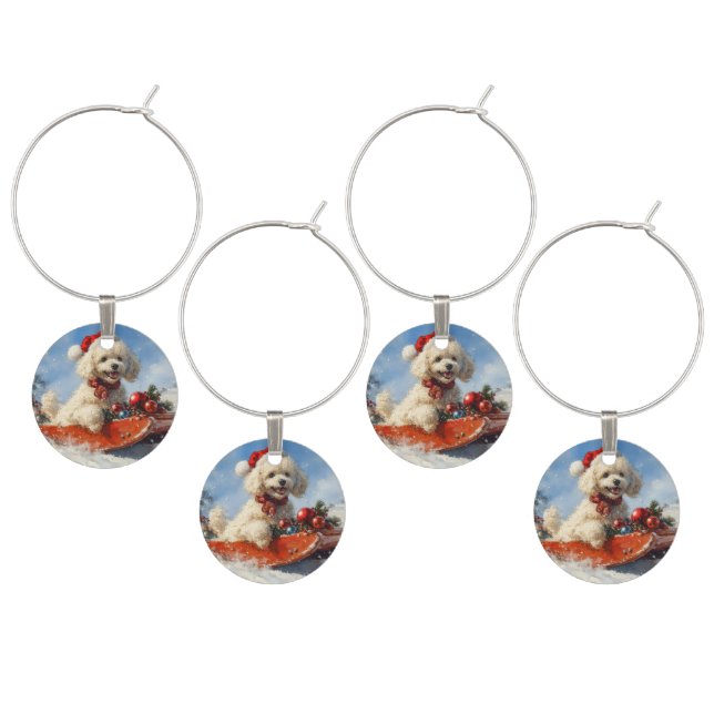Poodle Dog in Sledge Let it Snow Christmas Wine Charm (Staggered)