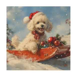 Poodle Dog in Sledge Let it Snow Christmas Wood Wall Art