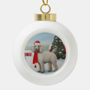 Poodle Dog in Snow Christmas Ceramic Ball Christmas Ornament