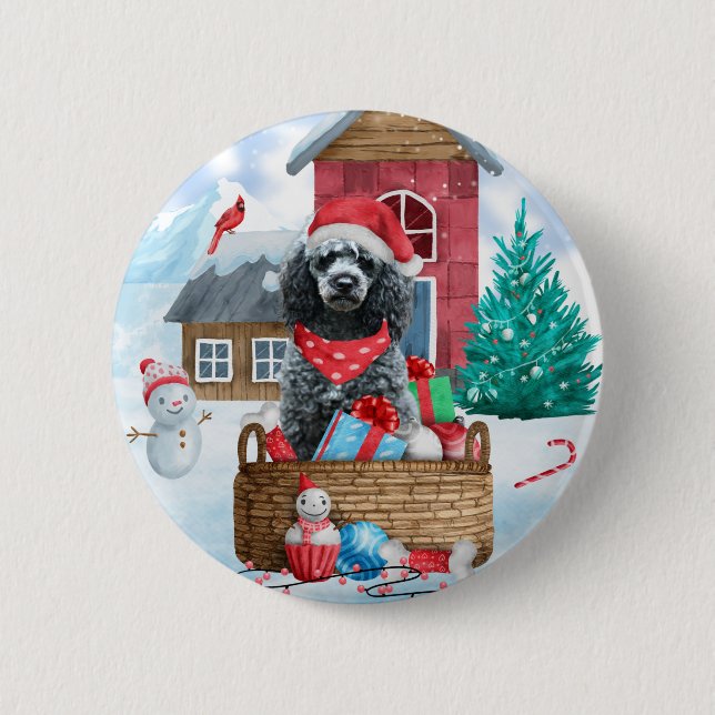 Poodle Dog In snow Christmas Dog House Button (Front)
