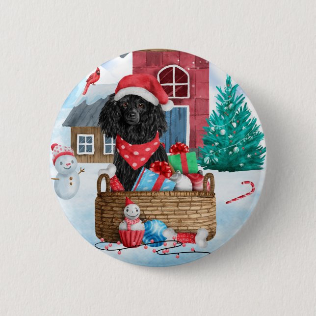 Poodle  Dog In snow Christmas Dog House  Button (Front)