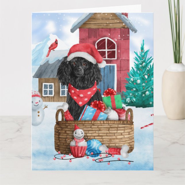 Poodle  Dog In snow Christmas Dog House Card (Front)