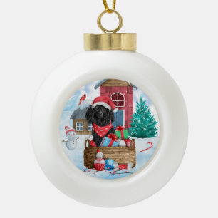 Poodle Dog In snow Christmas Dog House Ceramic Ball Christmas Ornament