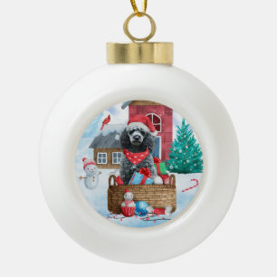 Poodle Dog In snow Christmas Dog House Ceramic Ball Christmas Ornament