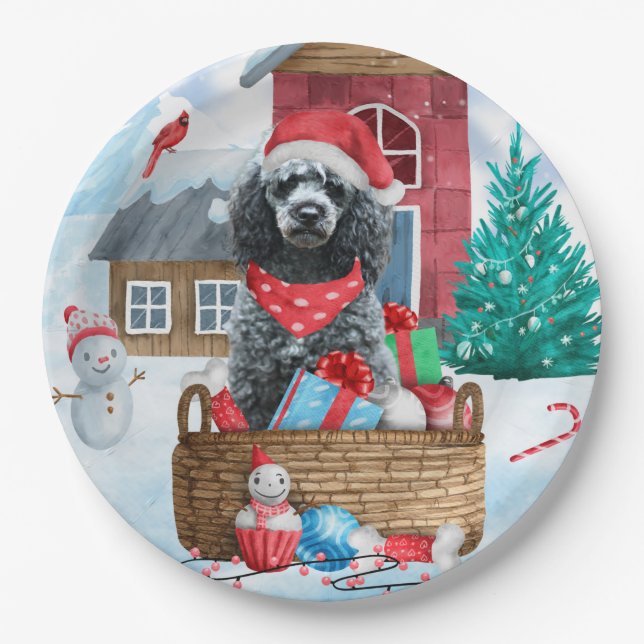 Poodle Dog In snow Christmas Dog House Paper Plates (Front)