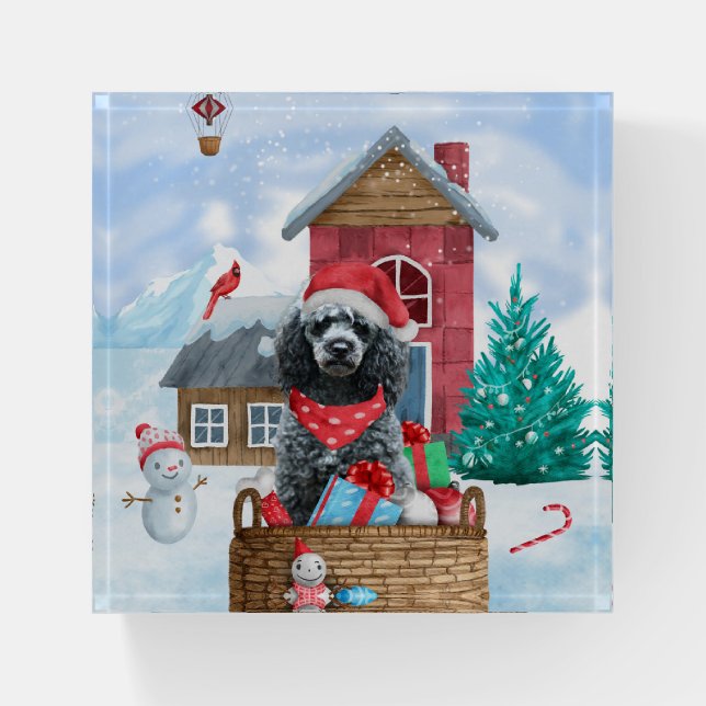 Poodle Dog In snow Christmas Dog House Paperweight (Front)