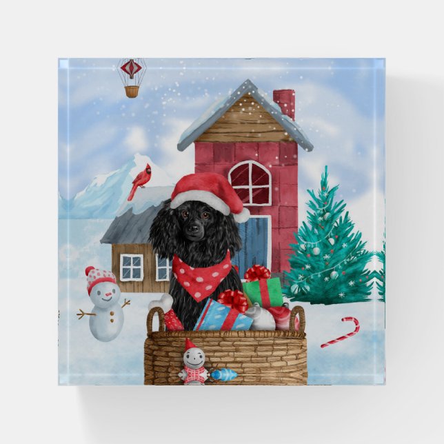 Poodle  Dog In snow Christmas Dog House Paperweight (Front)