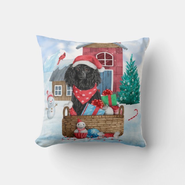 Poodle  Dog In snow Christmas Dog House Throw Pillow (Front)