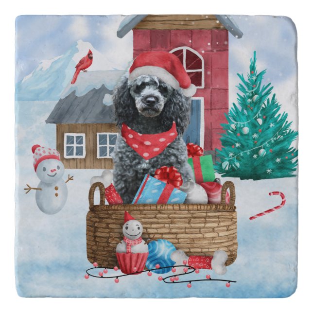 Poodle Dog In snow Christmas Dog House Trivet (Front)