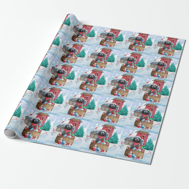 Poodle Dog In snow Christmas Dog House Wrapping Paper (Unrolled)