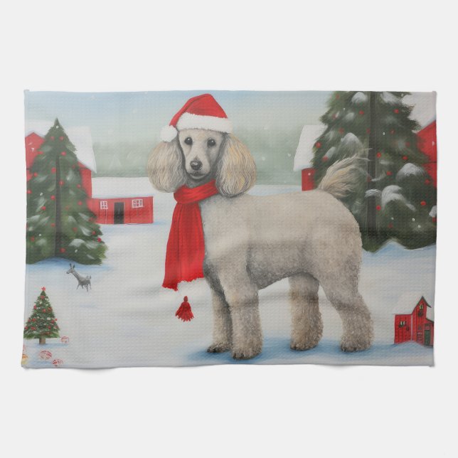 Poodle Dog in Snow Christmas Kitchen Towel (Horizontal)