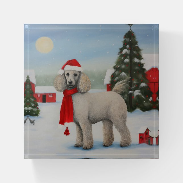 Poodle Dog in Snow Christmas Paperweight (Front)
