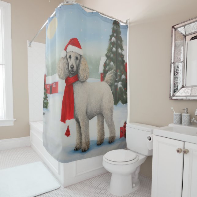 Poodle Dog in Snow Christmas Shower Curtain (In Situ)