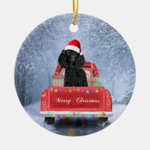 Poodle Dog in Snow sitting in Christmas Truck Ceramic Ornament