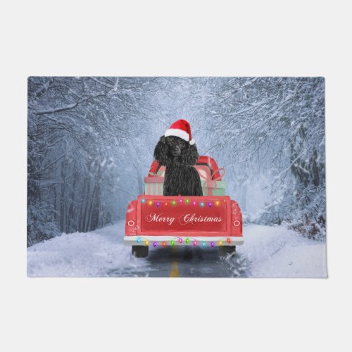 Poodle Dog in Snow sitting in Christmas Truck  Doormat