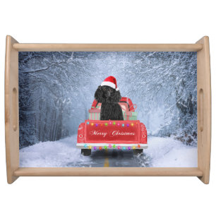 Poodle Dog in Snow sitting in Christmas Truck Serving Tray