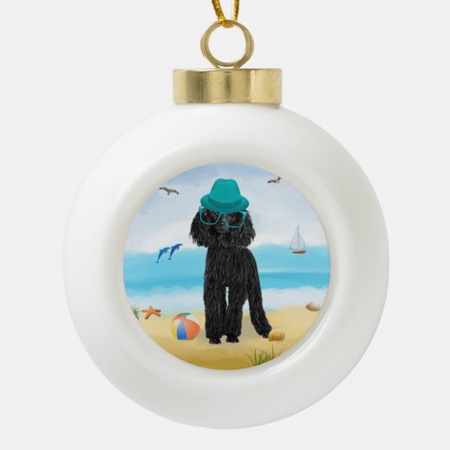 Poodle Dog on Beach  Ceramic Ball Christmas Ornament (Front)