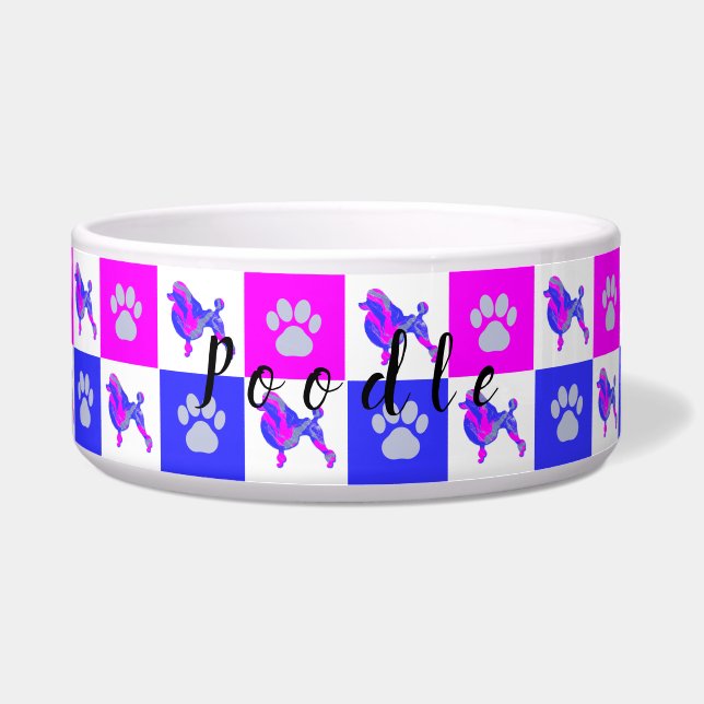 Poodle Dog & Paw Hot Pink & Blue Pet Bowl (Front)