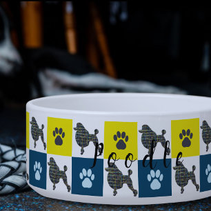 Poodle Dog & Paw Yellow & Blue Grid Dog Bowl