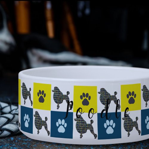 Poodle Dog  Paw Yellow  Blue Grid Dog Bowl