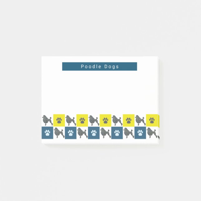 Poodle Dog & Paw Yellow & Blue Grid Silhouette Post-it Notes (Front)