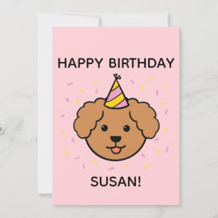 Poodle Dog Pink & Yellow Birthday Flat Card