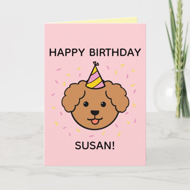 Poodle Dog | Pink & Yellow Birthday Folded Card (Front)
