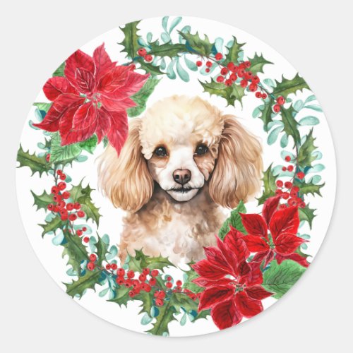 Poodle Dog Poinsettia Holly Christmas Wreath Classic Round Sticker