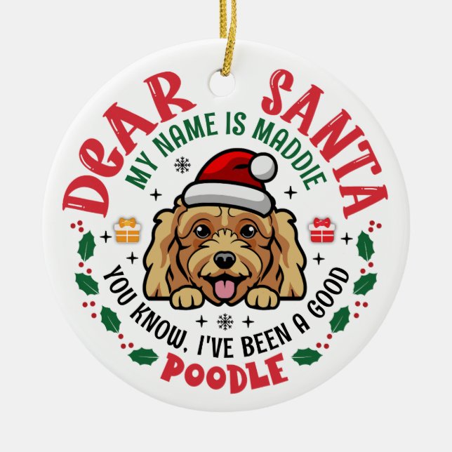 Poodle Dog Santa Personalized Christmas Tree Round Ceramic Ornament (Front)