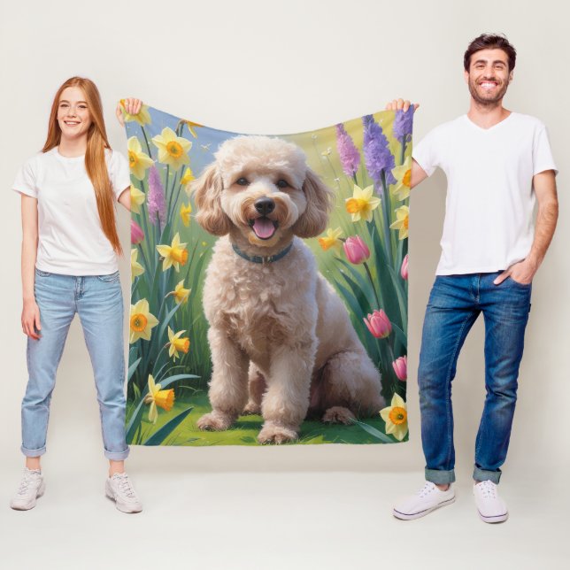Poodle Dog Spring Flowers Painting Fleece Blanket (In Situ)