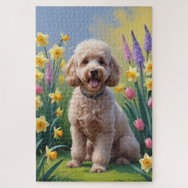Poodle Dog Spring Flowers Painting Jigsaw Puzzle (Vertical)
