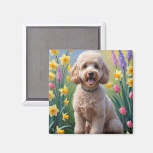 Poodle Dog Spring Flowers Painting Magnet
