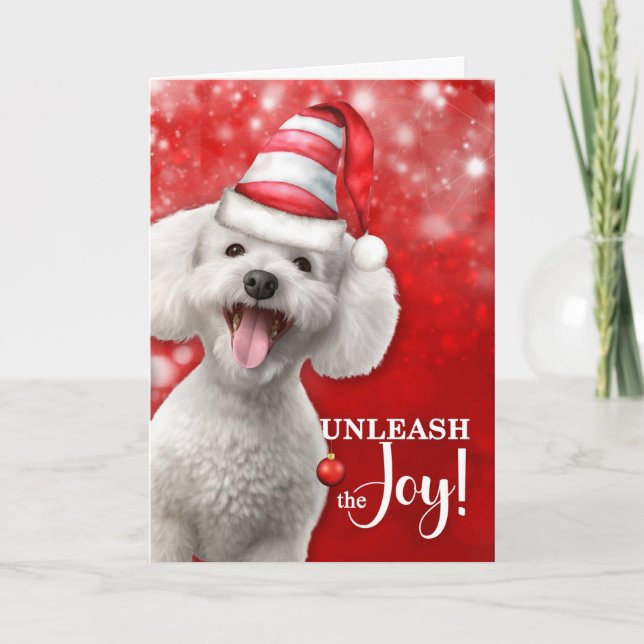 Poodle Dog Unleash the Joy Christmas Holiday Card (Front)