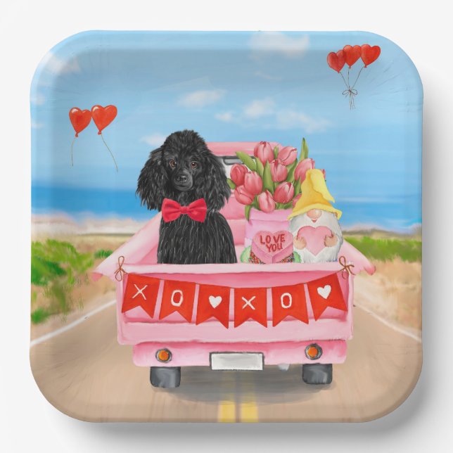 Poodle Dog Valentine's Day Truck Hearts Paper Plates (Front)