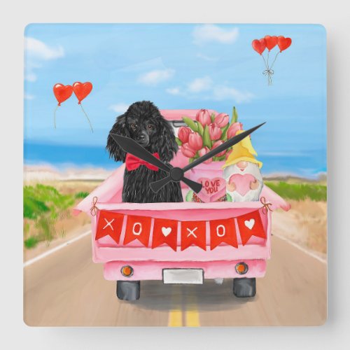 Poodle Dog Valentines Day Truck Hearts Square Wall Clock