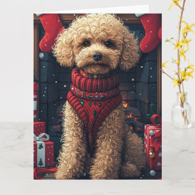 Poodle Dog With Christmas Gifts Fireplace Card (Yellow Flower)