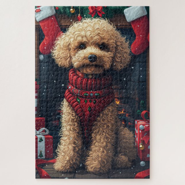 Poodle Dog With Christmas Gifts Fireplace Jigsaw Puzzle (Vertical)