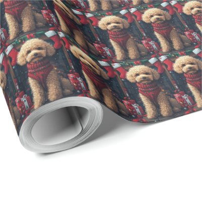 Poodle Dog With Christmas Gifts Fireplace Wrapping Paper