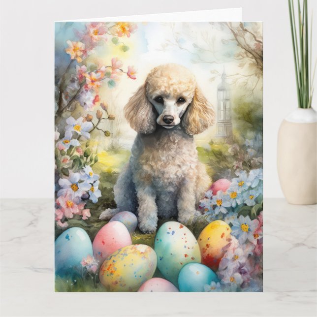 Poodle Dog with Easter Eggs Holiday Card (Front)