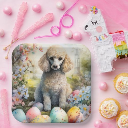 Poodle Dog with Easter Eggs Holiday Paper Plates