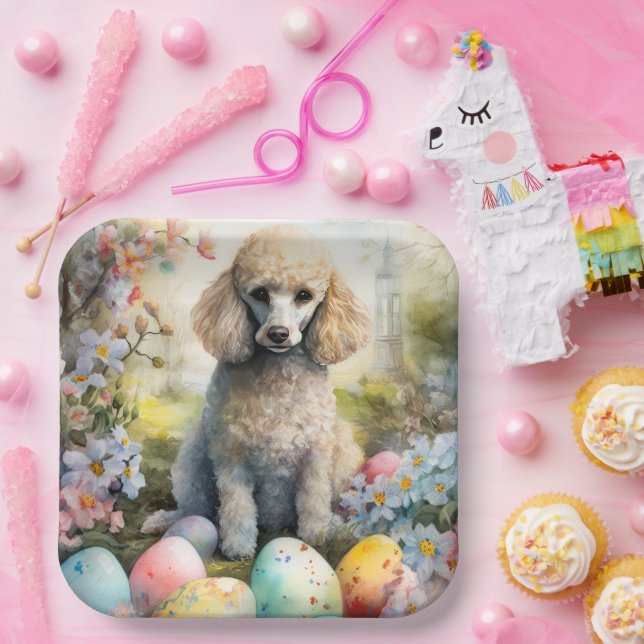 Poodle Dog with Easter Eggs Holiday Paper Plates (Party)