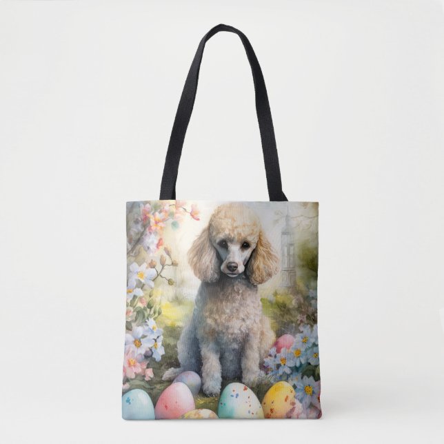 Poodle Dog with Easter Eggs Holiday Tote Bag (Front)