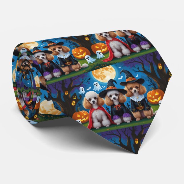 Poodle Dogs Pumpkin Halloween Funny Neck Tie (Rolled)