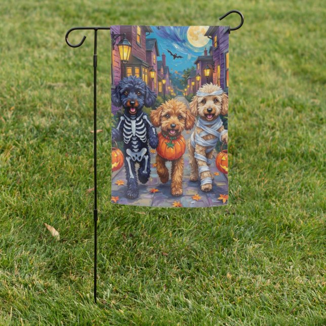 Poodle Dogs Trick-or-Treating Halloween Costumes Garden Flag (In SItu)