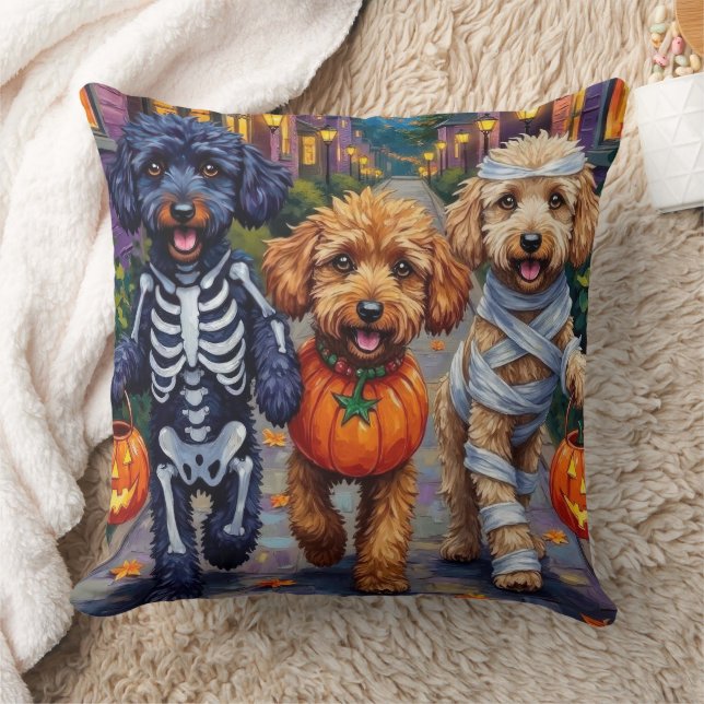 Poodle Dogs Trick-or-Treating Halloween Costumes Throw Pillow (Blanket)