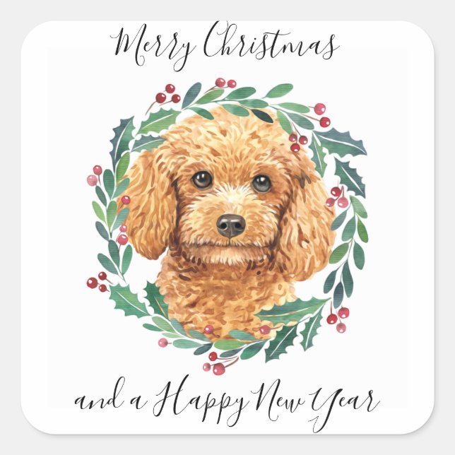 Poodle Elegant Dog Wreath Merry Christmas Square Sticker (Front)