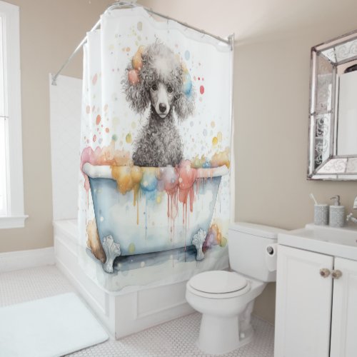 Poodle In Bathtub Watercolor Dog Art  Shower Curtain